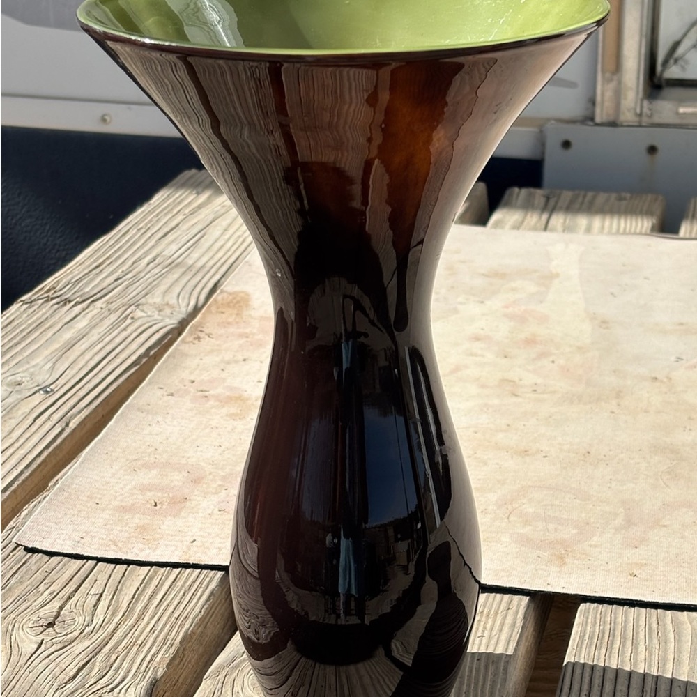 Elegant Brown and Green Hand Blown Vase MCM